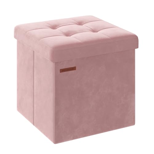 SONGMICS Small Storage Ottoman, Folding Ottoman Cube, 15 x 15 x 15 Inches, Footstool, Footrest, 11 Gal. (43 L), Velvet Surface, for Bedroom, Living Room, Dorm, Jelly Pink ULSF227R01 - color: Jelly Pink