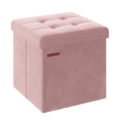 SONGMICS Small Storage Ottoman, Folding Ottoman Cube, 15 x 15 x 15 Inches, Footstool, Footrest, 11 Gal. (43 L), Velvet Surface, for Bedroom, Living Room, Dorm, Jelly Pink ULSF227R01 - color: Jelly Pink