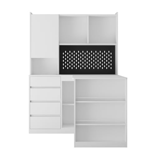 KEIKI L Shaped Home Office Desks with LED Light, Pegboard, Hutch, Drawers, Bookshelf & Storage Shelves, Modern Wooden Gaming Computer Corner Table for Work, Study, Writing