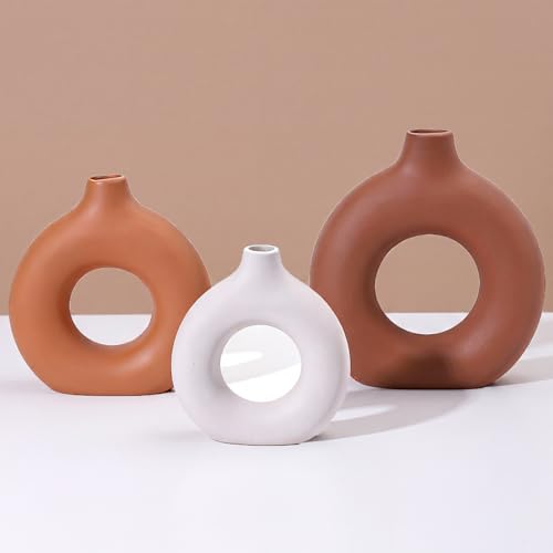 Ceramic Vases Set of 3 - Modern Farmhouse Boho Home Decor Brown White | Flower Vase for Living Room Shelf Entry Way Table Centerpiece Decorations - Kitchen Dining Bedroom Aesthetic Decor - color: Brown