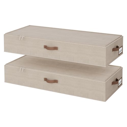 StorageWorks 7 Inch Low Profile Under Bed Clothes Storage Bins with Lids | Reinforced Structure, Resists Sagging, Handles & Label Holder, Foldable Stackable Closet Storage for Clothes, Blankets, Toys - color: Taupe, size: 38.5"L × 17"W × 6.75"H