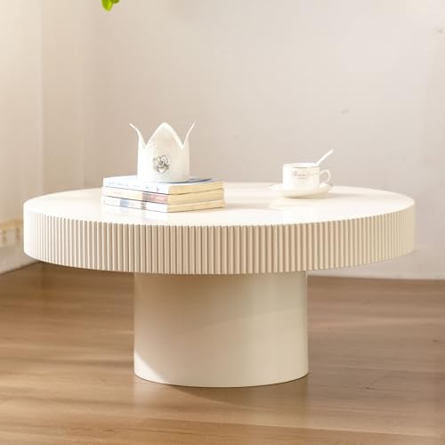 Round Fluted Drum Coffee Table with Pedestal Base | 30.7'' Modern White Wooden Drum Center Table, Handcrafted Wood Fluted Edge, For Living Room & Apartment - color: White Thin