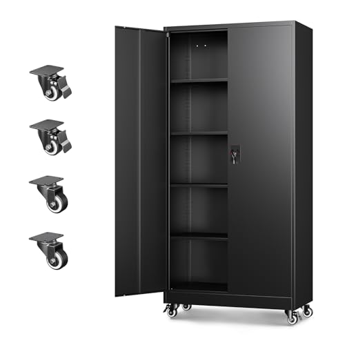 Metal Garage Storage Cabinets with Wheels,Steel Tool Cabinets Lock Door and Adjustable Shelves for Home,Office,Warehouse Organisieren (Black, 75" H) - color: Black, size: 16"D x 32"W x 74.41"H