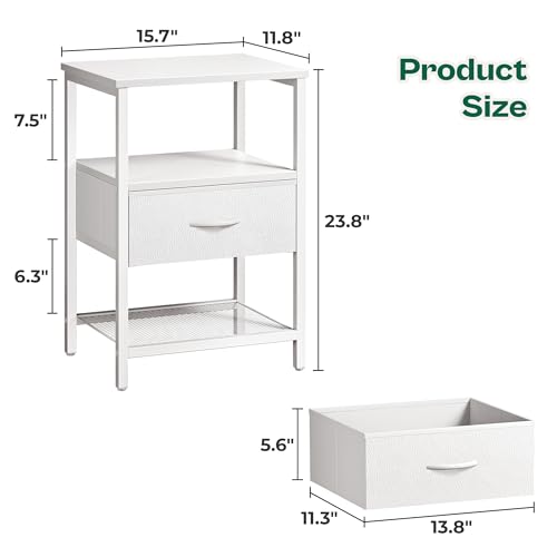 Huuger Night Stand with Fabric Drawer, Side Table with Mesh Shelf, Bedroom Nightstand, Fabric Drawer Dresser, Open Shelf, Metal Frame, Couch Side, White | Bedroom Nightstand, Fabric Drawer Dresser, Open Shelf, Metal Frame, Couch Side, White - color: White
