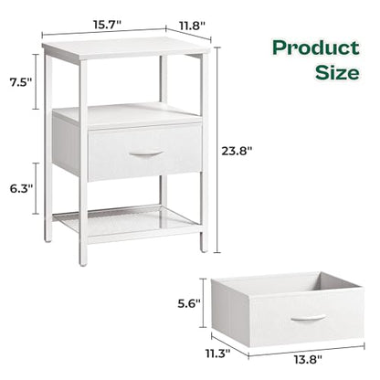 Huuger Night Stand with Fabric Drawer, Side Table with Mesh Shelf, Bedroom Nightstand, Fabric Drawer Dresser, Open Shelf, Metal Frame, Couch Side, White | Bedroom Nightstand, Fabric Drawer Dresser, Open Shelf, Metal Frame, Couch Side, White - color: White