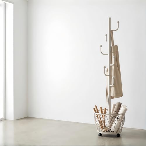 Off-White Moveable Cactus Metal Coat Rack with Basket Freestanding | Modern Organizer for Scarf Jacket Hat Bags Ideal for Home Entryway Bedroom Corner Stable - color: Off-White