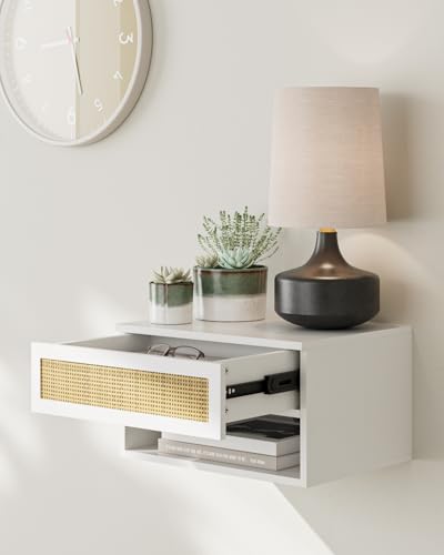 Modern Floating Nightstand with Drawer, Wall Mount Shelves, White Rattan | Small Space Saver, Modern Minimalist Design, Wall Mounted Shelves, for Bedroom, Bathroom, Living room, Easy Assembly, Rattan - color: White Rattan
