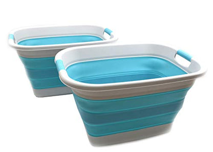 SAMMART 37L (9.77 Gallon) Collapsible Plastic Laundry Basket - Foldable Pop Up Storage Container/Organizer - Portable Washing Tub - Space Saving Hamper/Basket (2, Grey/Bright Blue)