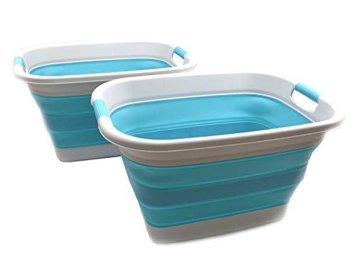 SAMMART 37L (9.77 Gallon) Collapsible Plastic Laundry Basket - Foldable Pop Up Storage Container/Organizer - Portable Washing Tub - Space Saving Hamper/Basket (2, Grey/Bright Blue)