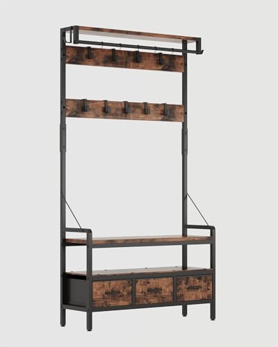 Hall Tree with Bench and Shoe Storage, Freestanding Entryway Coat Rack with 3 Fabric Drawers, 16 Hooks