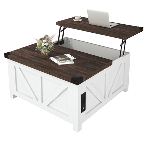 jimeimen Farmhouse Lift Top Coffee Table with Storage, Wood Square Center Table with Charging Station&USB Port, Living Room Table w/Large Hidden Space, for Living Room, Bedroom, Home Office, White - color: White