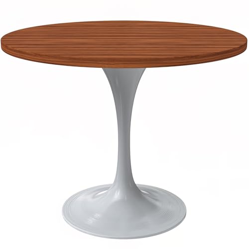 LeisureMod Verve Mid-Century Modern 36 Inch Round Dining Table, MDF Wood Tabletop with White Steel Pedestal Base, Contemporary Kitchen & Dining Room Table, for Small Spaces (Cognac Brown) - color: Cognac Brown Wood, size: 36 inch Wide