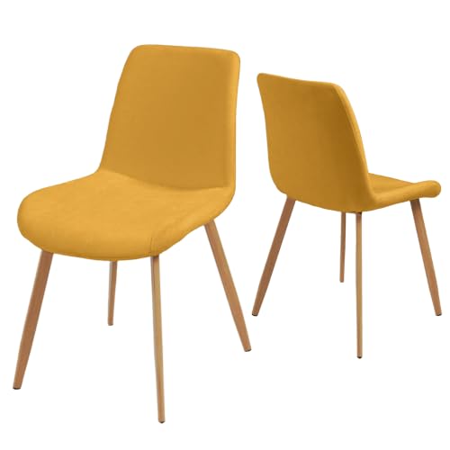 HIPIHOM Dining Chairs Set of 2, Mid-Century Modern Fabric Kitchen Chairs | Curved Backrest for Comfort, High-Density Sponge Padded Seat, Heat and Stain Resistant Surface, Sturdy Wood-Grain Metal Legs - color: Yellow Chairs Set of 2