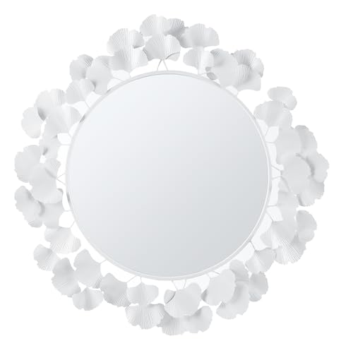 Martha Stewart Wall Décor Large Gingko Leaf Round Wall Mirror for Living Room, Iron Metal Plate Frame Antique Finish, Ready to Hang Bedroom Decoration, Eden, 30.5", White - color: White