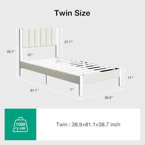 Novilla Twin Bed Frame with Piano Keys Headboard and Footboard, Metal Platform Bed Frames Twin Size, No Box Spring Needed, Easy Assembly, Steel Slats Support, Velvet White - color: White, size: Twin