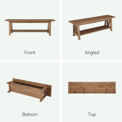 LITTLE TREE 55" Solid Wood Entryway Bench with Storage Shelf | Farmhouse Rustic Shoe Storage Bench Seat for Hallway, Living Room, Bedroom & Mudroom