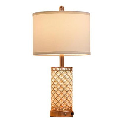 SAIWEYA 24in Crystal Table Lamp Set of 2 Bedroom Lamps for Night Stand | 3-Way Dimmable Touch with Night Ligh, 2 USB Ports + AC Outlet, White Fabric Shade, LED Bulb Included - color: Rose Gold-2 Pack 24In