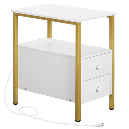 HOOBRO End Table with Charging Station, Narrow Side Table with 2 Drawer & USB Port & Power Outlets, Nightstand for Small Spaces, Stable and Sturdy, for Living Room, Bedroom, Gold and White DW541BZ01 - color: Gold + White