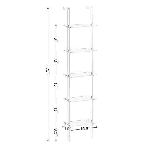 Small Acrylic Ladder Bookshelf, 9.5" D x 15.6" W, 5-Tier Clear Wall Mounted Book Shelf for Small Spaces, Multipurpose Bookcase for Living Room, Bathroom, Office, Modern, 73" H - size: 5-Tier
