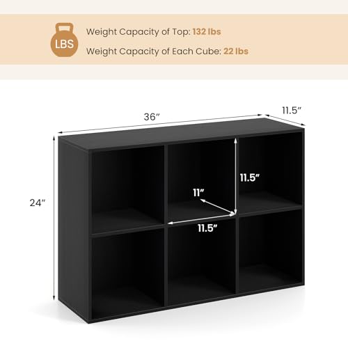Giantex 6-Cube Bookcase, 3-Tier Cubby Bookshelf, Horizontal Vertical Display Rack with Anti-Tipping Kits, Modern Storage Organizer Shelf Unit for Bedroom, Living Room, Study Room, Black | Horizontal Vertical Display Rack with Anti-Tipping Kits, Modern Sto