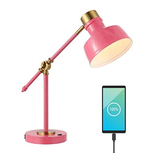 JONATHAN Y Allegra Metal Task Desk Lamp USB Port 18.5", Pink/Brass Gold | Adjustable Cantilever, Vintage Farmhouse Style, Home Office Reading Light, LED Bulb Included - color: Pink/Brass Gold