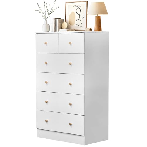 Karl home White 6 Drawer Dresser, Rose Gold Handle Modern Bedroom Chest | Modern Wood Storage Dresser with Anti-Tipping Device, Multi-scene Furniture for Bedroom, Living Room, Hallway, Office - color: White-6 Drawer