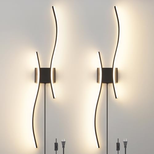 Daunton Modern Black Plug in Wall Sconces Set of 2 - Smart Dimmable LED Wall Lights with Remote, 3CCT Adjustable & Memory Function, Timer Setting - No Wiring Needed for Living Room, Bedroom, Hallway - color: Black, size: 40.5in B plug in