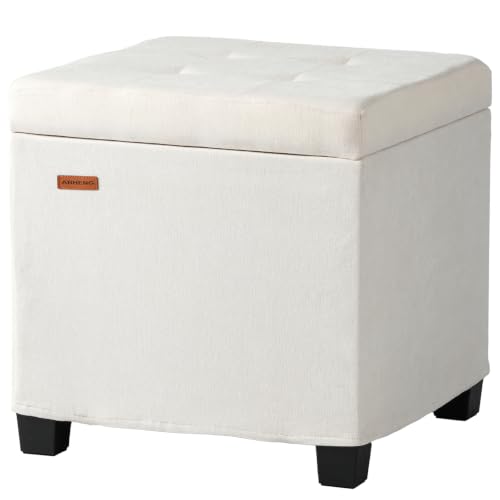 ABHENG Steel Frame Square Ottoman with Storage Off White UASND641W | 17.7" x 17.7" x 17.7", Hold 660 lbs, 48L Storage Capacity, Chenille, with Removable Lid and Legs, for Dorm Living Room - color: Chenille-off White, size: 17.7"D x 17.7"W x 17.7"H