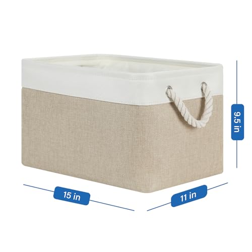 Temary Fabric Storage Baskets 4Pack Storage Bins Decorative Basket for Gift, Clothes Bin with Rope Handle, Rectangle Baskets for Storage, Blankets(White&Khaki,15x11x9.5 inch) - color: white&khaki, size: 15"L x 11"W x 9.5"H