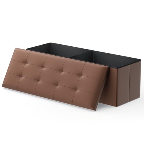 43 Inch Storage Ottoman Bench, 34 Gal. Folding Ottoman Footrest, End of Bed Bench, Rectangle Foot Stool, Supports 600 lbs, for Bedroom, Living Room, Entryway, Hallway, Brown - color: Brown, size: 15"D x 43"W x 14.5"H