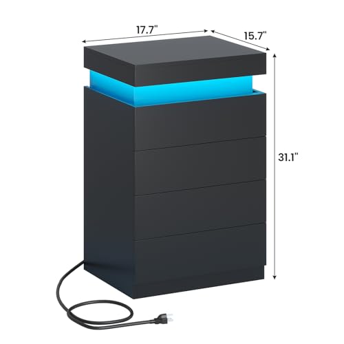 ADORNEVE Black Night Stand with Drawers and LED Lights | Bedside Table with Charging Station,Large Nightstand with Sliding Top,Modern End Side Table for Bedroom - color: Black, size: 1PC