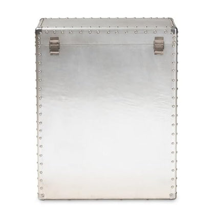 BOWERY HILL 3-Drawer Mid-Century Metal Accent Storage Chest, Silver Finish, Wood and Metal Construction, Vintage-Inspired Rivet Details, Lift-Top Compartment, Bedroom, Living Room, or Entryway Use