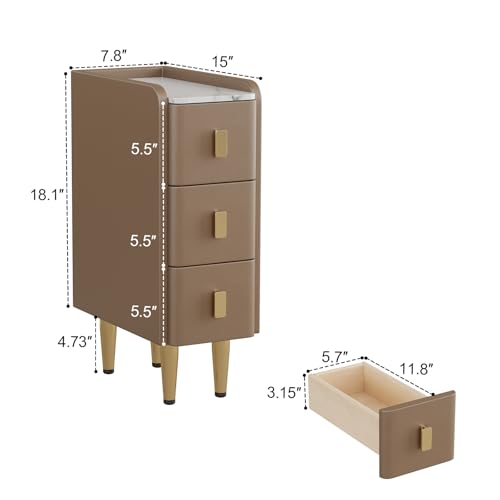 AQIMUELE Narrow Nightstand with Drawers, Narrow Side Table Leather, Small Bedside Tables for Bedroom. (Beige) - color: Beige, size: 7.8"W x 15"D x 22.8"H