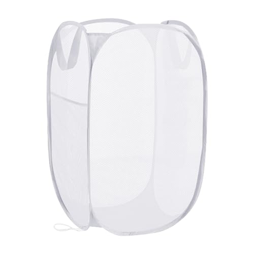 Pop Up Laundry Hamper, Reinforced Mesh Laundry Basket with Handles, Collapsible Clother Hamper with Side Pocket for Home, College Dorm, Travel - White Vertical Storage Basket - color: White