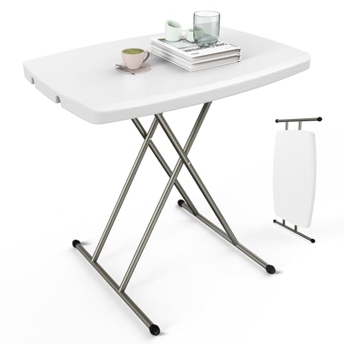 VINGLI Small Adjustable Folding Table, 13.8 in-28 in Height Personal Laptop TV Tray, HDPE Plastic Top with Steel Frame, 30 inch, White - color: White, size: 32"