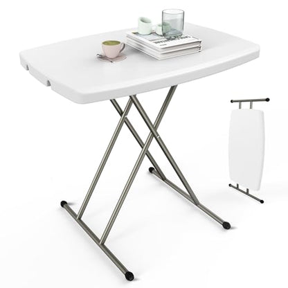 VINGLI Small Adjustable Folding Table, 13.8 in-28 in Height Personal Laptop TV Tray, HDPE Plastic Top with Steel Frame, 30 inch, White - color: White, size: 32"
