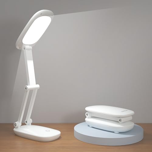 Akejrym LED Desk Lamp for Office Home & Battery Operated Lamp Rechargeable Lamp Foldable & Portable Light, [2-Fold Bracket] 3 Brightness Dimmable Small Desk Lamp Wireless Reading Lamp (White) - color: White