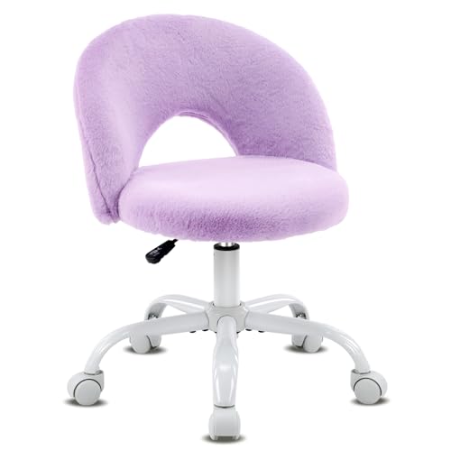 VINGLI Small Vanity Chair with Faux Fur Wheels for Girls,Cute Adjustable Height Armless Office Desk Chair,360°Swivel Comfy Rolling for Study,Make up Room,Small Space,Purple - color: Furry Purple