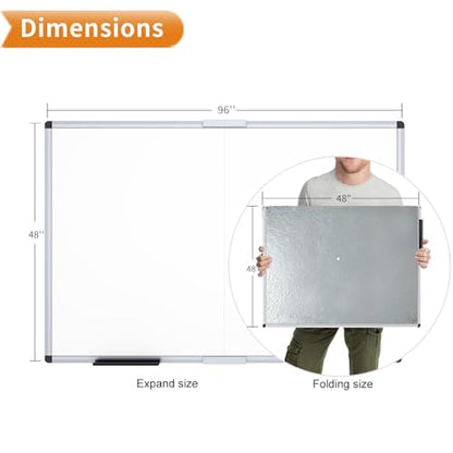 VIZ-PRO Large Magnetic Dry Erase Whiteboard, 96 x 48 Inches, Foldable | Silver Aluminum Frame, 8' x 4' Wall-Mounted White Board with Marker Tray for School Office and Home - size: 96"W x 48"H