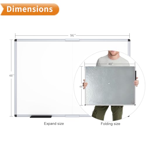 VIZ-PRO Large Magnetic Dry Erase Whiteboard, 96 x 48 Inches, Foldable | Silver Aluminum Frame, 8' x 4' Wall-Mounted White Board with Marker Tray for School Office and Home - size: 96"W x 48"H