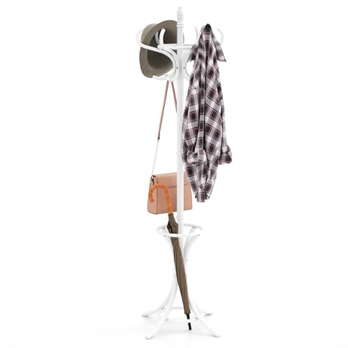 Giantex Solid Wood Coat Rack, Freestanding Hall Tree w/12 Hooks, Umbrella Holder, Entryway Hanger Stand for Coat, Hats, Scarves, Bags, Wooden Garment Rack for Bedroom, Hallway (White) - color: White
