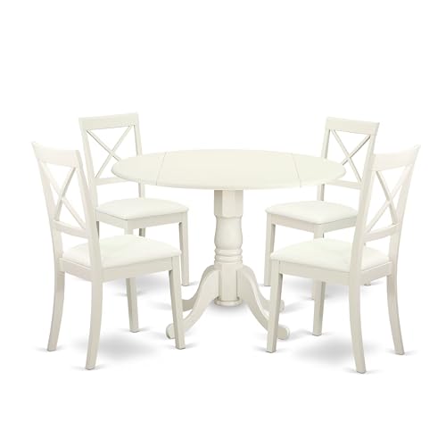 East West Furniture DLBO5-LWH-LC 5 Piece Dining Room Furniture Set Includes a Round Kitchen Table with Dropleaf and 4 Faux Leather Upholstered Dining Chairs, 42x42 Inch, Linen White - color: Dlbo5-lwh-lc, size: Table + 4 Chairs
