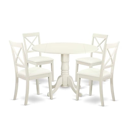 East West Furniture DLBO5-LWH-LC 5 Piece Dining Room Furniture Set Includes a Round Kitchen Table with Dropleaf and 4 Faux Leather Upholstered Dining Chairs, 42x42 Inch, Linen White - color: Dlbo5-lwh-lc, size: Table + 4 Chairs