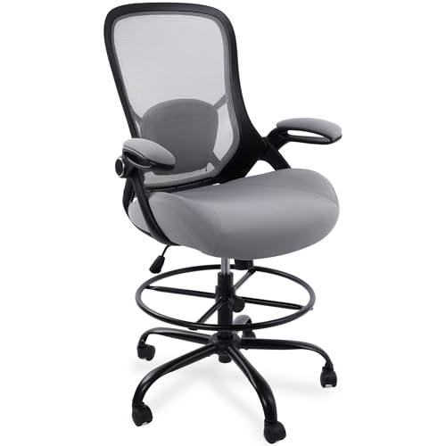 400lbs Heavy Duty Drafting Chair 5" Thickened Seat Office Chair with Flip-Up Armrests Tall Ergonomic Computer Chair with Lumbar Support and Adjustable Footrest Ring Standing Desk Chair(Grey) - color: Dark Drey