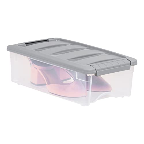 Amazon Basics Plastic Storage Containers with Secure Latching Lids, Stackable Organization Bins, Clear/Grey, 5 Quart, Set of 10