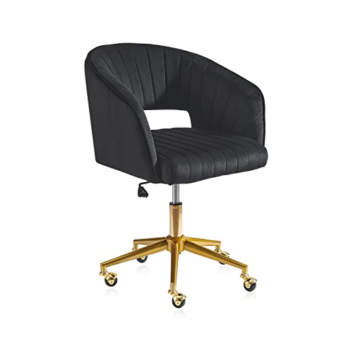 Velvet Office Desk Chair, Upholstered Home Office Desk Chairs with Adjustable Swivel Wheels, Ergonomic Office Chair for Living Room, Bedroom, Office, Vanity Study (Black) - color: Black