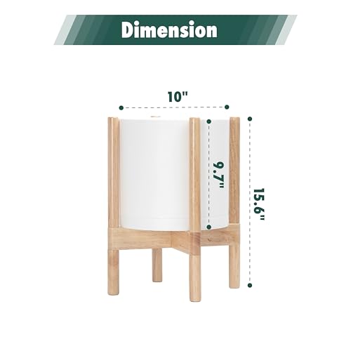 D'vine Dev Plastic Pot with Natural Wood Stand, White, 10 in, 55-C-M-1 | Mid-Century Inspired Design, Elevated Plant Display, Clean Lines, Sturdy Support, Modern Space-Saving Style - color: Matte White Pot + Natural Stand, size: 10 Inch