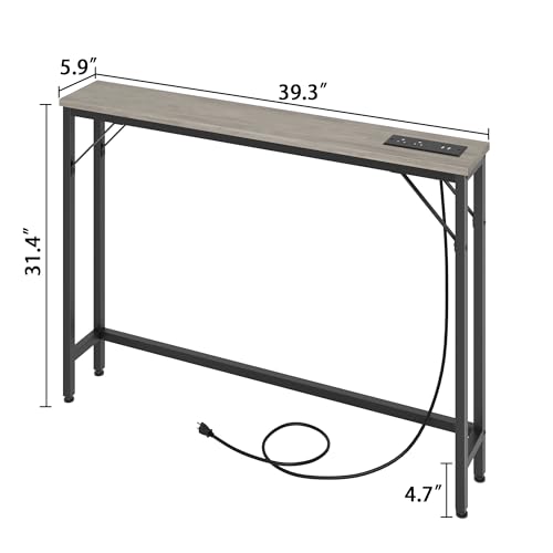 GarveeLife 39.3" Narrow Console Table with Charging Station - Behind Couch Table, 2 Outlets & 2 USB Ports, Grey - color: Grey