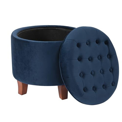 HomePop 19" Velvet Button Tufted Round Storage Ottoman - Navy - color: Navy