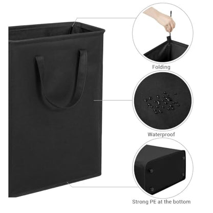 Narrow Laundry Hamper, Skinny Laundry Basket, 45L Black, 24" | Slim Laundry hamper for Small Spaces laundry bag with handle, Foldable clothes hampers for laundry basket organizer - color: Black (With Handles)